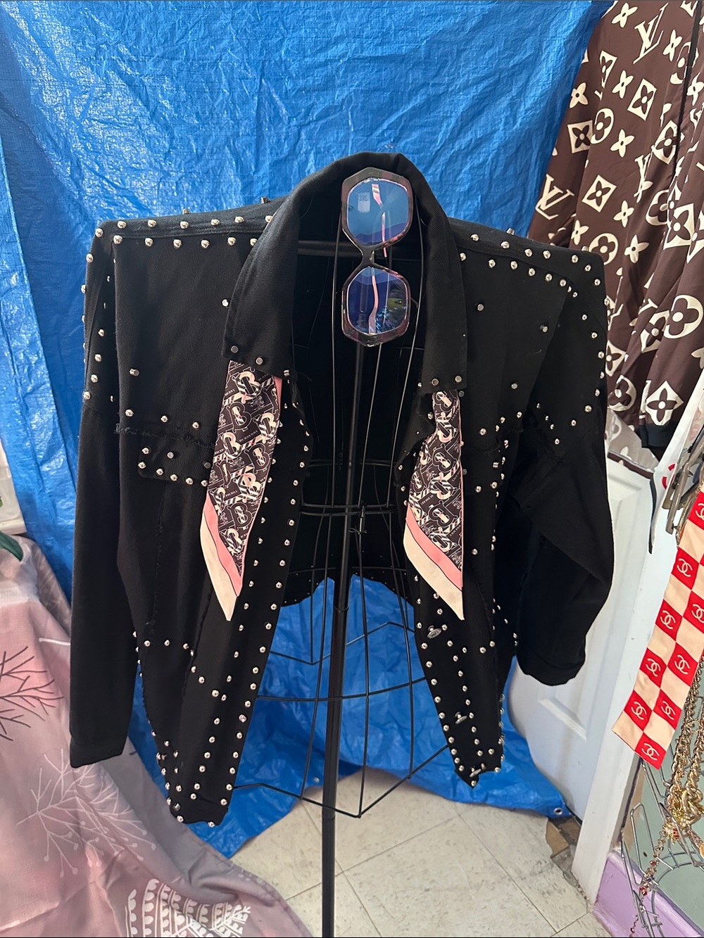 Stud-Embellished Black Women's Jacket with Scarf Detail